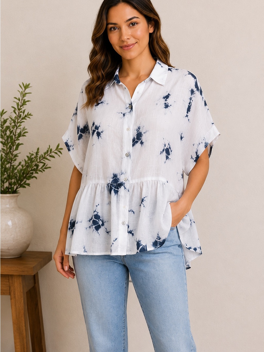 Rachel Zoe Coastal Beachy Top Womens Small Blue White Tie Dye Linen Peplum NWT